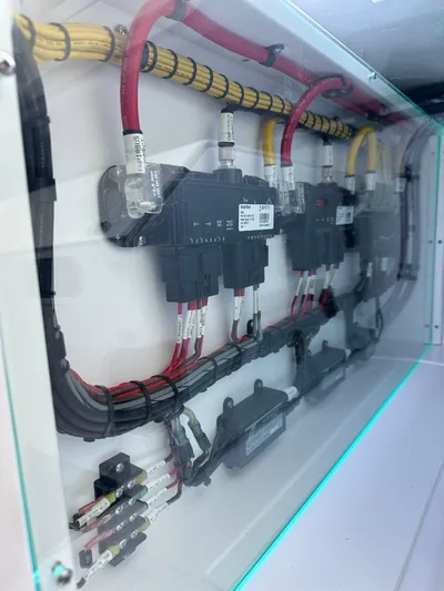  Yacht Photos Pics Electrical panel of 2025 Mag Bay 38 CC boat with organized wiring.