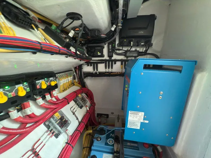  Yacht Photos Pics 2025 Mag Bay 38 CC electrical system with wiring and components.