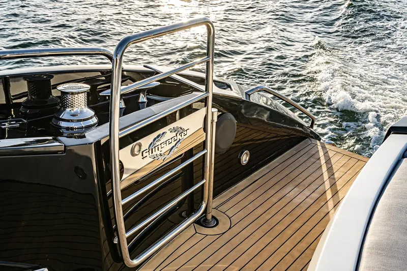 Norma Jean Yacht Photos Pics Luxury Sunseeker Predator 82 yacht deck, 2007 model, cruising on open water.