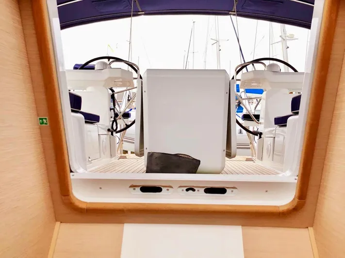 Caretta2 Yacht Photos Pics Jeanneau 54 yacht cockpit, dual steering wheels, 2018 model, marina view.