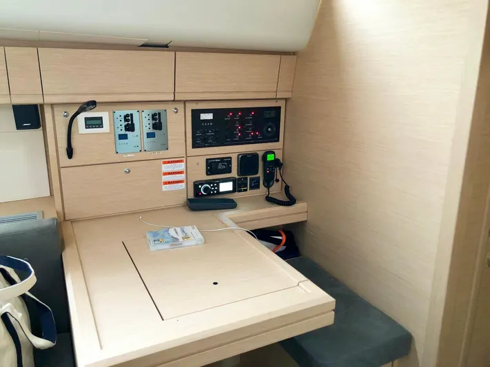 Caretta2 Yacht Photos Pics Navigation station inside 2018 Jeanneau 54 yacht, featuring control panels and communication equipment.