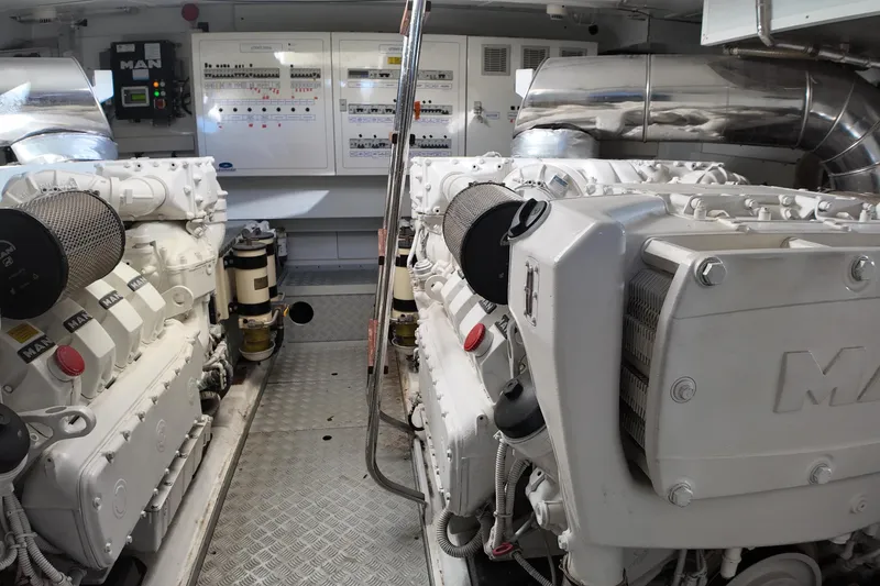  Yacht Photos Pics Engine room of a 2009 Leonard 66 yacht with dual MAN engines.