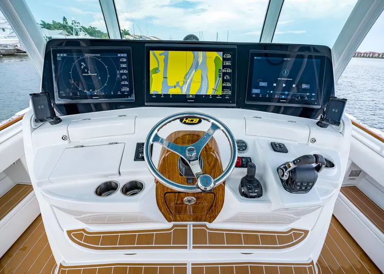  Yacht Photos Pics Helm of 2020 HCB Suenos boat with advanced navigation displays and controls.