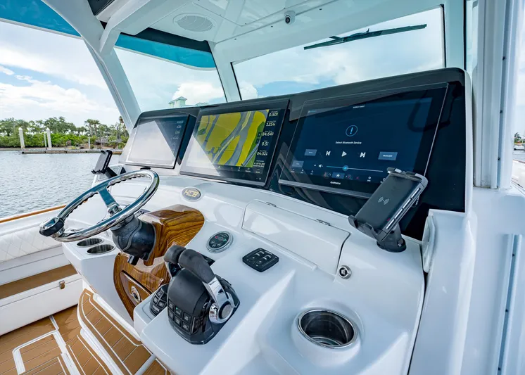  Yacht Photos Pics Helm of 2020 HCB Suenos boat with advanced navigation displays and controls.