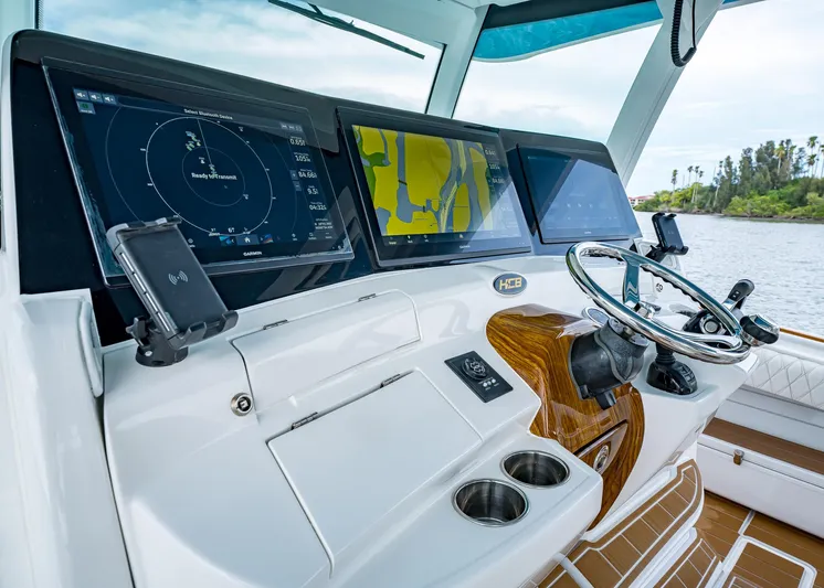  Yacht Photos Pics Helm of 2020 HCB Suenos boat with advanced navigation displays and controls.