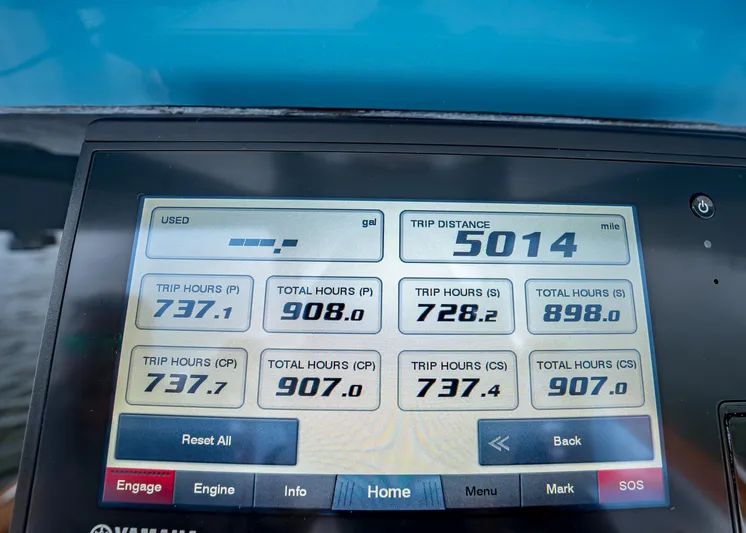  Yacht Photos Pics Display screen showing trip data on a 2020 HCB Suenos boat.