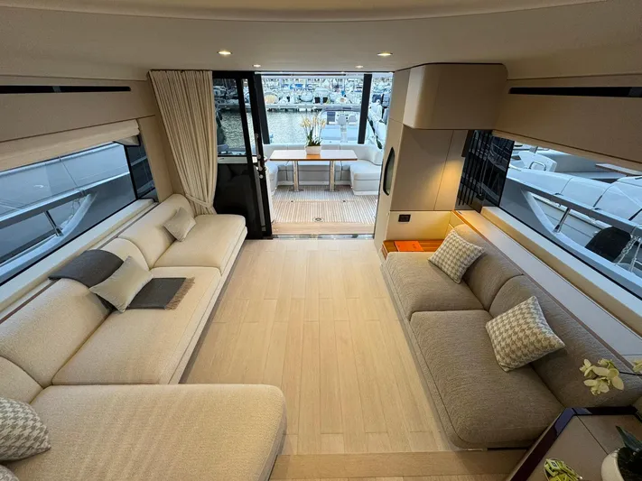  Yacht Photos Pics Luxurious interior of 2024 Azimut Fly 68 yacht with elegant seating and modern decor.