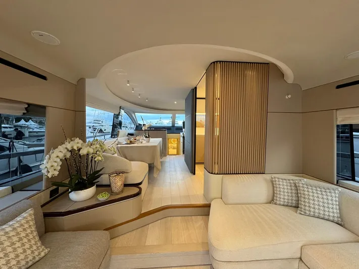  Yacht Photos Pics Luxurious interior of 2024 Azimut Fly 68 yacht with elegant seating and decor.