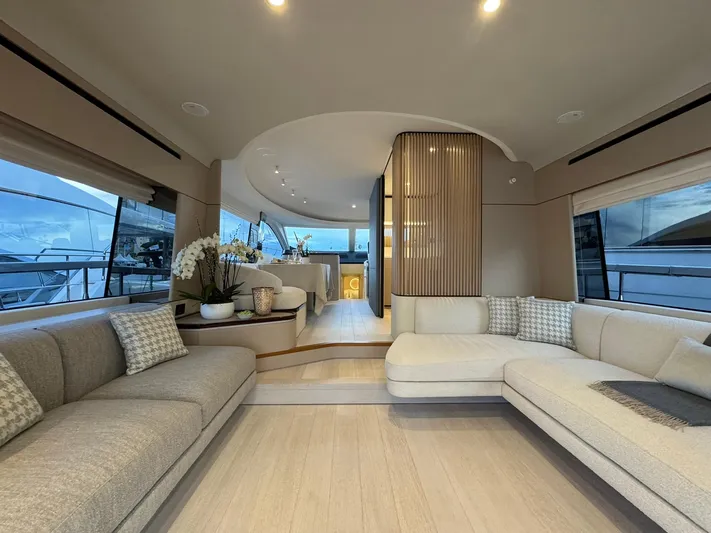  Yacht Photos Pics Luxurious interior of 2024 Azimut Fly 68 yacht with modern seating and elegant decor.
