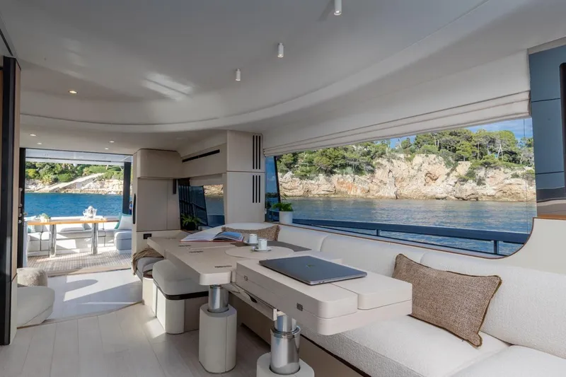  Yacht Photos Pics Luxurious interior of 2024 Azimut Fly 68 yacht with scenic ocean view.