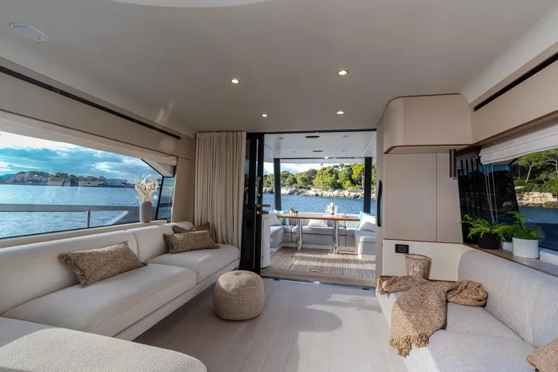  Yacht Photos Pics Luxurious interior of 2024 Azimut Fly 68 yacht with scenic ocean view.
