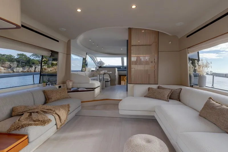  Yacht Photos Pics Luxurious interior of 2024 Azimut Fly 68 yacht with elegant seating and scenic views.