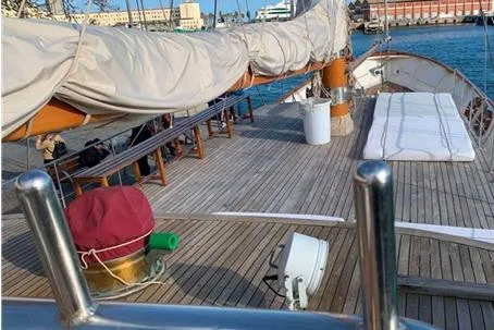  Yacht Photos Pics Vintage 1962 Custom Southern yacht deck with wooden flooring and covered sails.