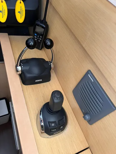  Yacht Photos Pics Control panel of a 2010 Beneteau Monte Carlo 47 yacht with joystick and communication device.