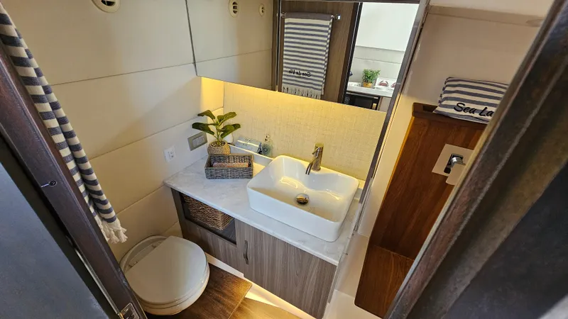  Yacht Photos Pics 2021 Regal 38 SAV bathroom with modern sink, toilet, and stylish decor.