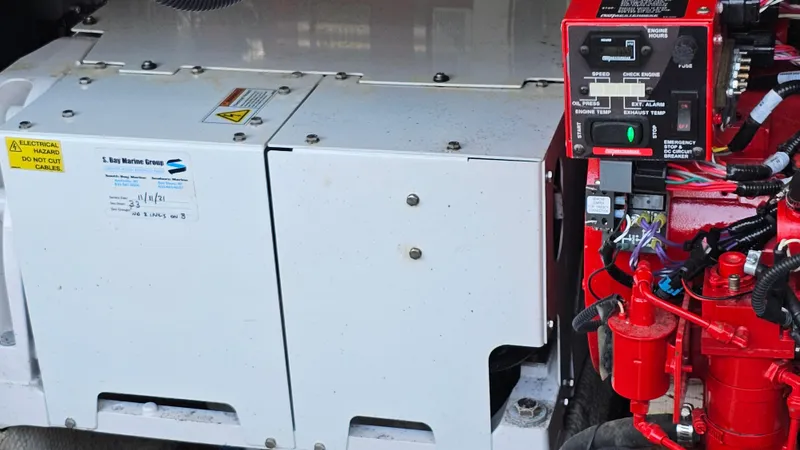  Yacht Photos Pics Engine compartment of 2021 Regal 38 SAV boat, featuring mechanical components and control panel.