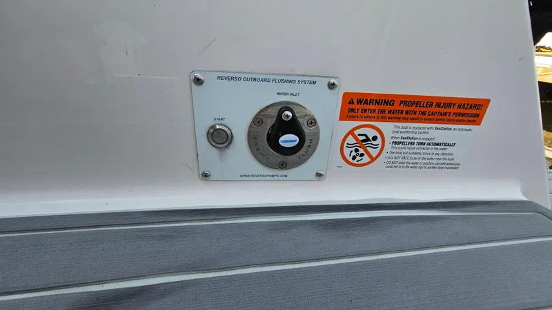  Yacht Photos Pics 2021 Regal 38 SAV boat fuel system with safety warning label.