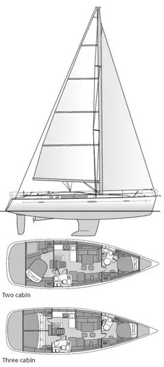 Karuna Ss Yacht Photos Pics Diagram of a 2007 Beneteau 49' Cruiser sailboat with two and three cabin layouts.