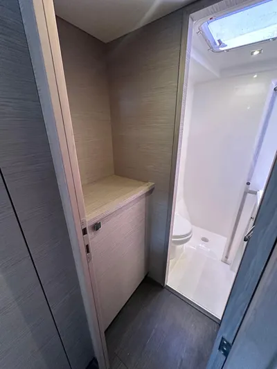 Vie Pure Yacht Photos Pics 2021 Fountaine Pajot MY4.S yacht bathroom with modern design and skylight.
