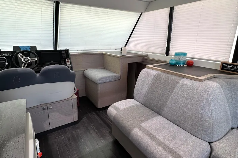Vie Pure Yacht Photos Pics Interior of 2021 Fountaine Pajot MY4.S yacht with modern seating and helm.