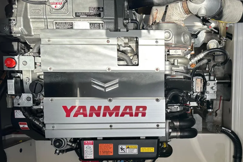 Vie Pure Yacht Photos Pics Yanmar engine in 2021 Fountaine Pajot MY4.S motor yacht, showcasing mechanical components.