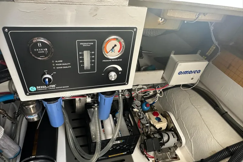 Vie Pure Yacht Photos Pics Engine room of 2021 Fountaine Pajot MY4.S with water maker and control panel.