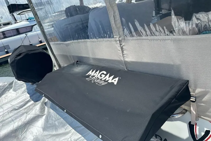 Vie Pure Yacht Photos Pics Fountaine Pajot MY4.S 2021 yacht with Magma grill cover on deck.