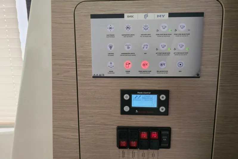 Vie Pure Yacht Photos Pics Control panel of 2021 Fountaine Pajot MY4.S yacht, featuring various electronic and lighting functions.