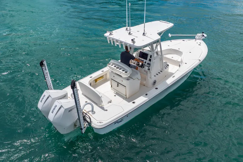  Yacht Photos Pics 2022 SeaVee 270Z boat on clear blue water, featuring dual Mercury engines.