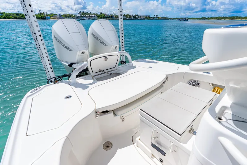  Yacht Photos Pics 2022 SeaVee 270Z boat with dual Mercury engines on a sunny day.