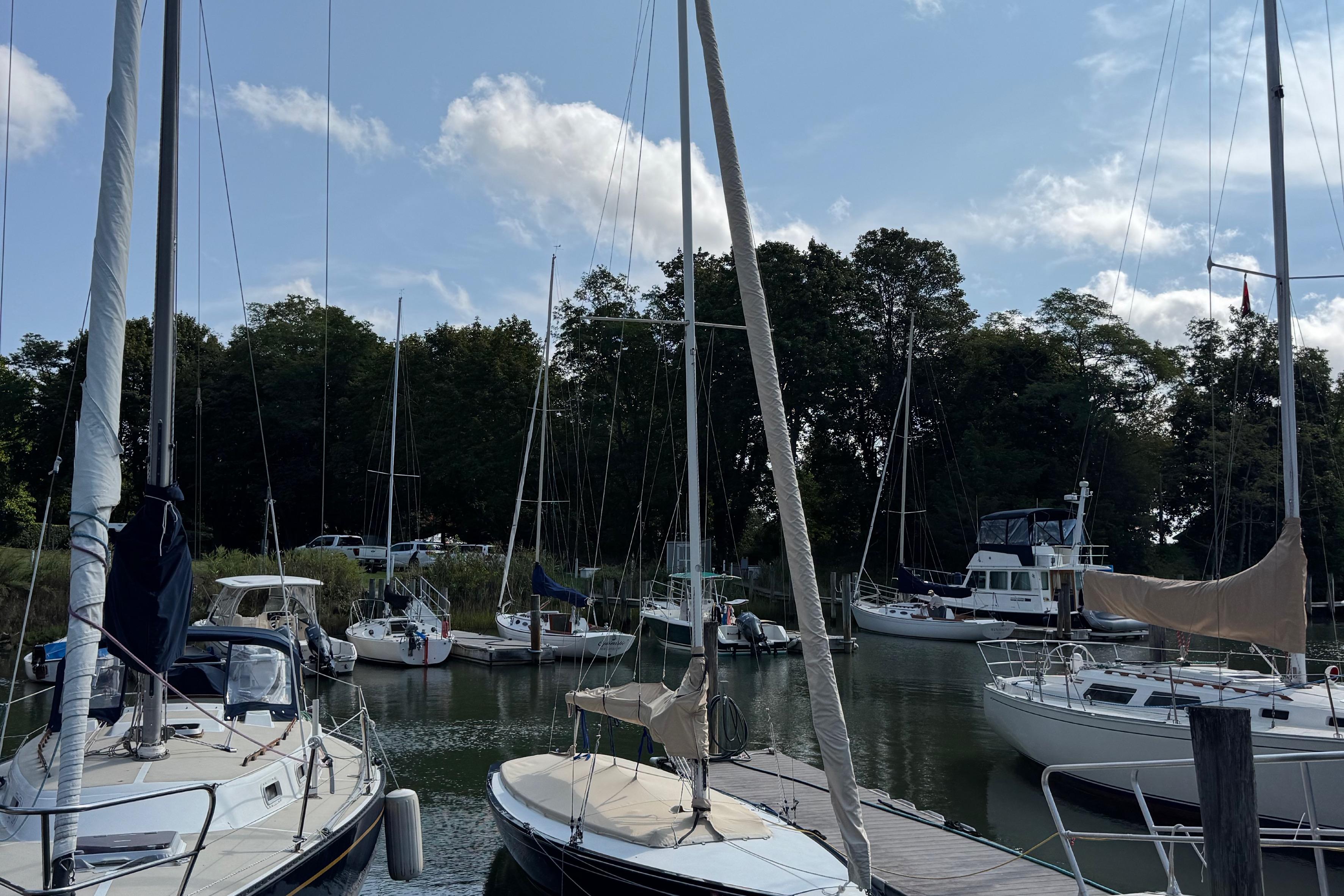 Boats docked at a marina, featuring a 2013 Saffier Se 23ft sailboat.