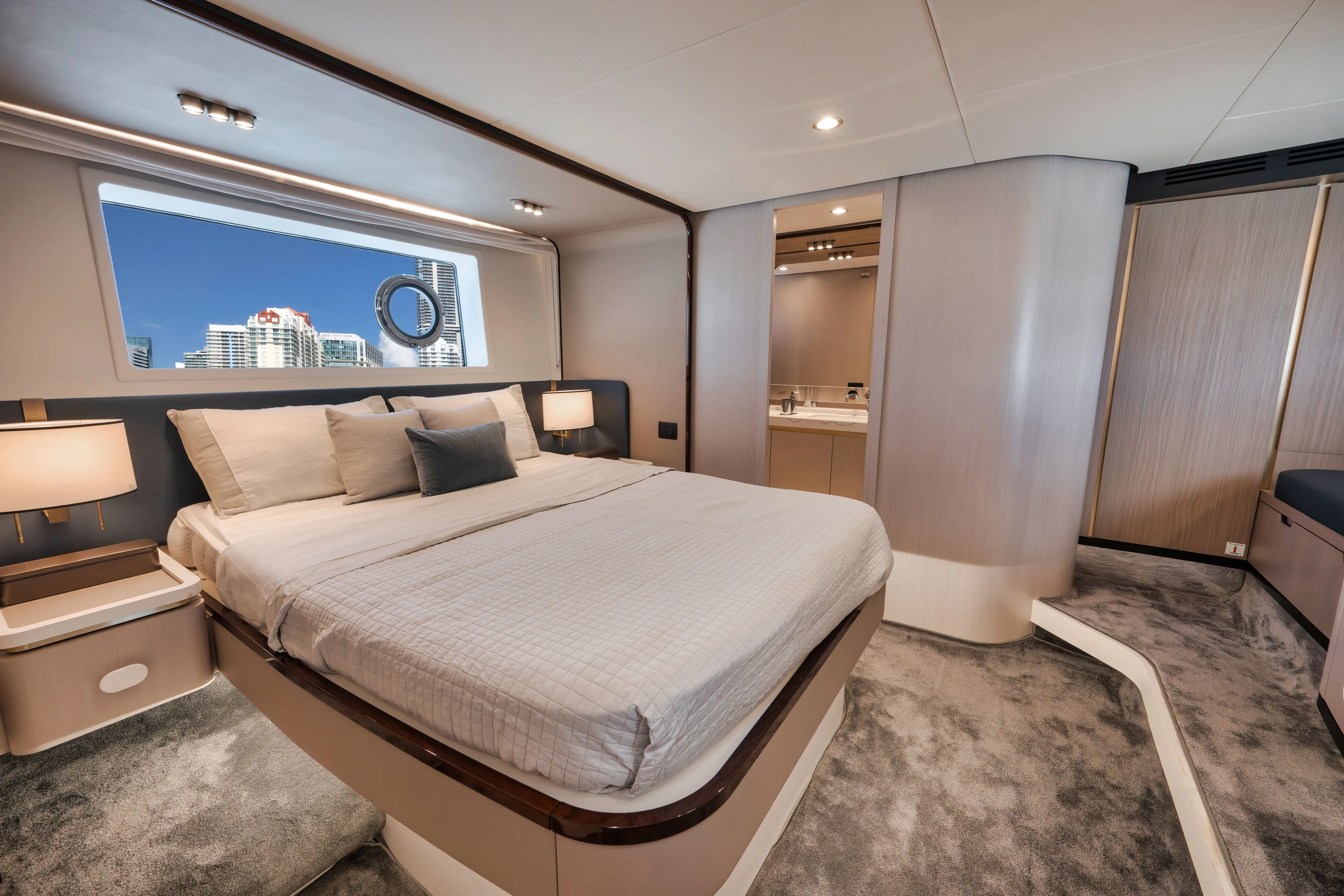  Yacht Photos Pics Luxurious bedroom on the Azimut Flybridge 2022 yacht.