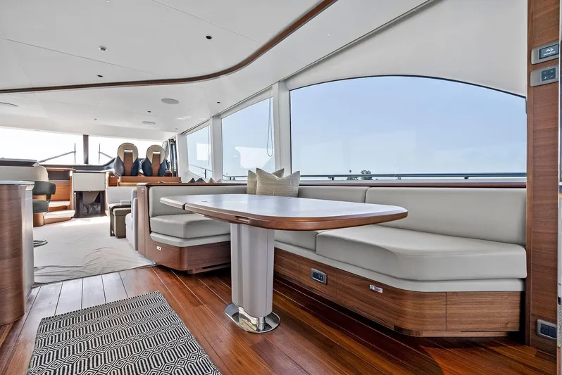 Robri Mar Yacht Photos Pics Luxurious interior of 2023 Princess Y72 yacht with elegant seating and panoramic windows.
