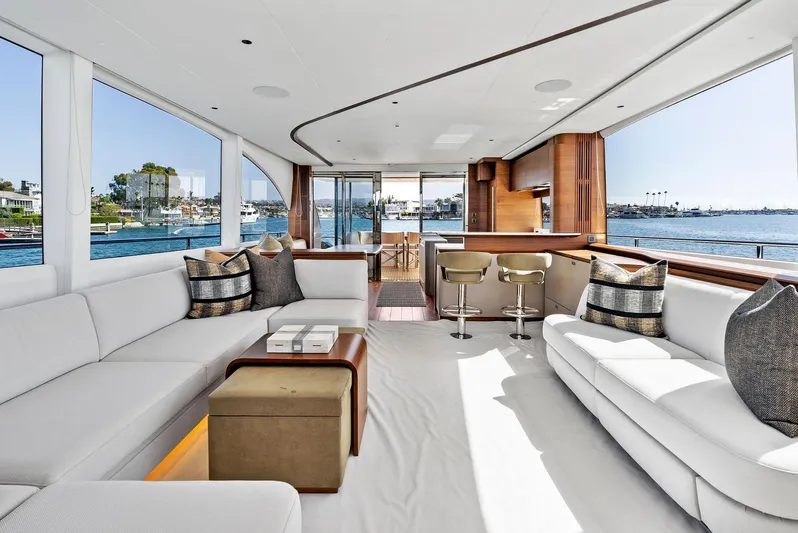 Robri Mar Yacht Photos Pics Luxurious interior of 2023 Princess Y72 yacht with elegant seating and ocean view.