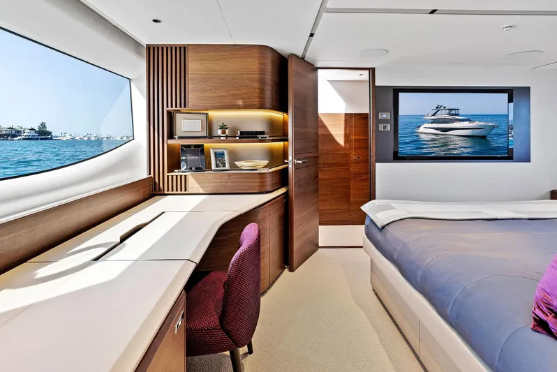 Robri Mar Yacht Photos Pics Luxurious interior of 2023 Princess Y72 yacht with ocean view and modern furnishings.