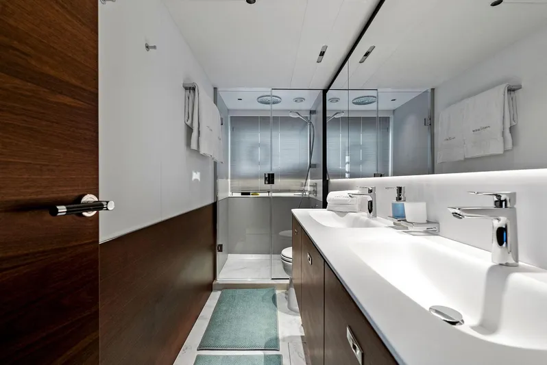 Robri Mar Yacht Photos Pics Luxurious bathroom in 2023 Princess Y72 yacht with modern fixtures and elegant design.