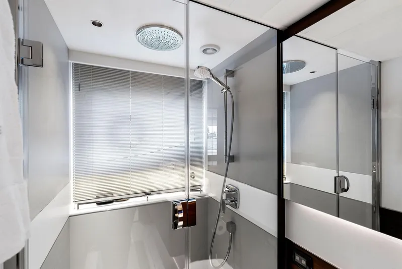 Robri Mar Yacht Photos Pics Luxurious bathroom in 2023 Princess Y72 yacht with modern shower and sleek design.