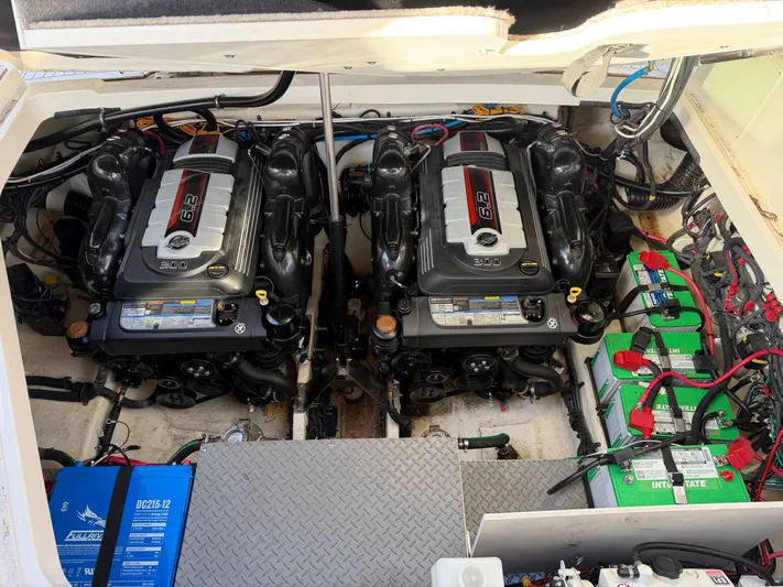  Yacht Photos Pics Engine room of a 2019 Sea Ray 320 Sundancer with twin 6.2L engines.