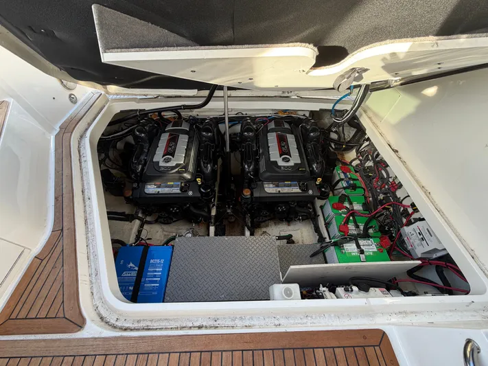  Yacht Photos Pics Engine compartment of 2019 Sea Ray 320 Sundancer with dual engines.