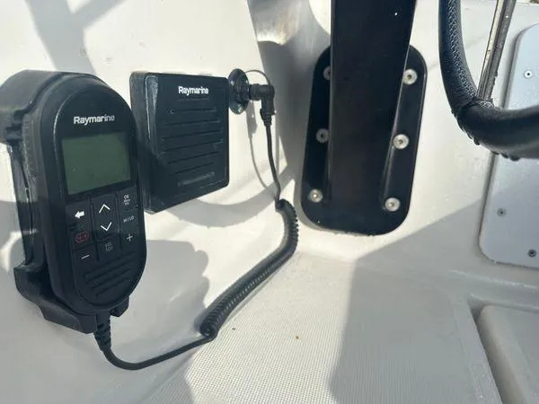Epiphany Yacht Photos Pics Raymarine marine radio equipment on 2022 Dufour 430 yacht, featuring control panel and speaker.