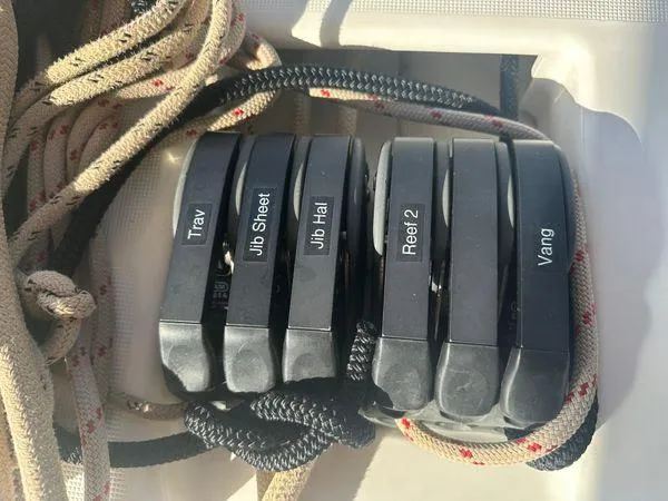 Epiphany Yacht Photos Pics Close-up of sailing rope clutches on a 2022 Dufour 430 yacht.
