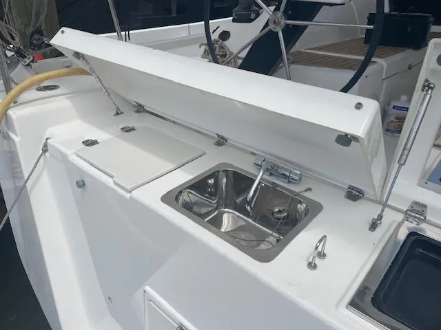 Epiphany Yacht Photos Pics Dufour 430 (2022) yacht deck with sink and storage compartments.