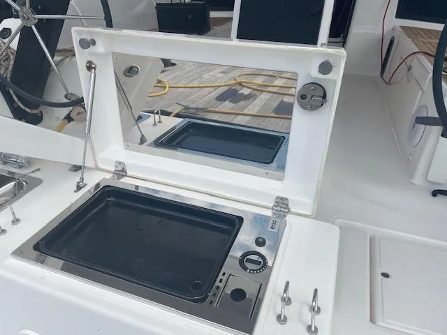 Epiphany Yacht Photos Pics Outdoor grill on 2022 Dufour 430 yacht deck, featuring sleek design and modern amenities.