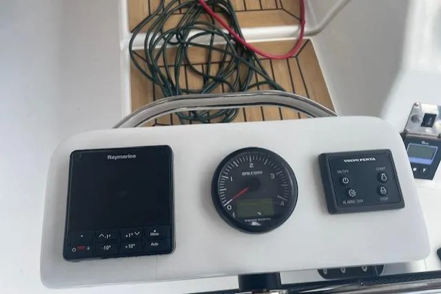 Epiphany Yacht Photos Pics Control panel of a 2022 Dufour 430 yacht with navigation instruments.