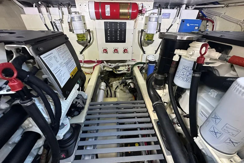 Pal Agua Yacht Photos Pics Engine room of 2023 Tiara Yachts C39 Coupe, featuring advanced mechanical systems.