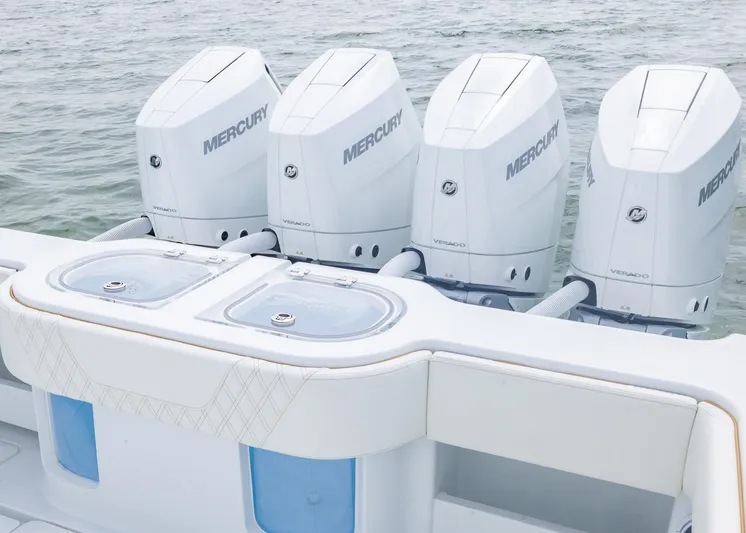  Yacht Photos Pics 2025 Invincible 43 Open Fisherman with four Mercury Verado engines on the water.