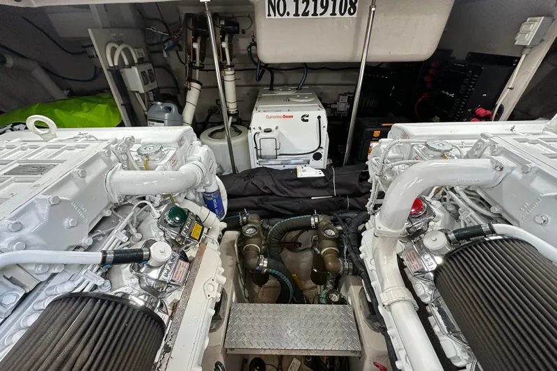 Knot Rite Yacht Photos Pics Engine room of 2009 Sea Ray 60 Sundancer with twin engines and generator.