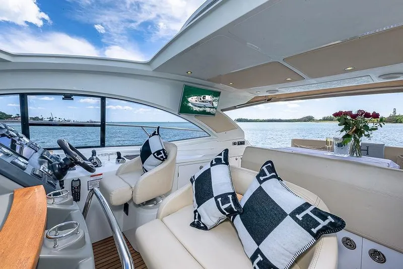 Alegria Yacht Photos Pics Luxurious interior of 2015 Beneteau Gran Turismo 44 yacht with scenic water view.