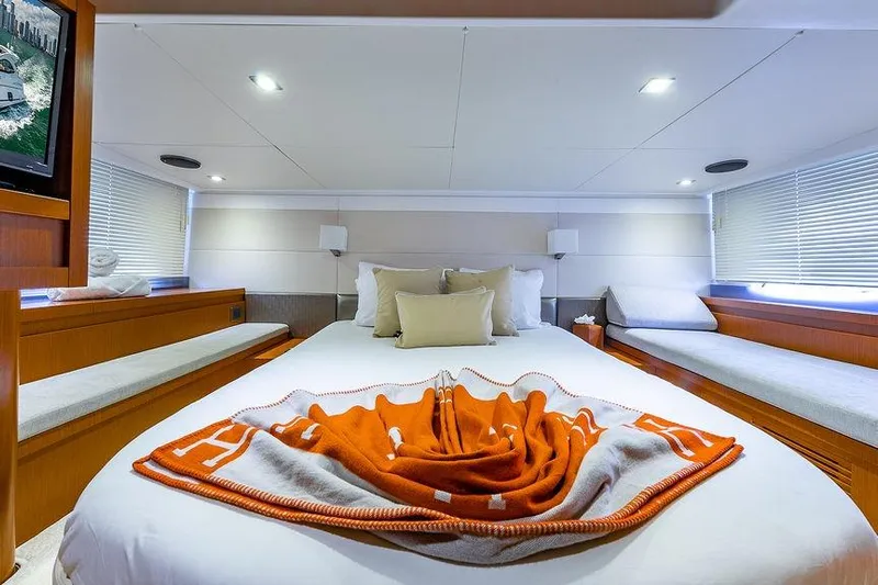 Alegria Yacht Photos Pics Luxurious cabin interior of 2015 Beneteau Gran Turismo 44 yacht with cozy bedding.