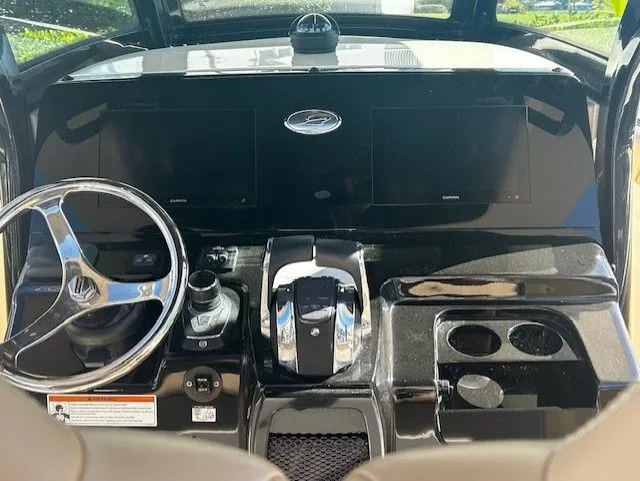  Yacht Photos Pics Dashboard of 2022 Scout 305 LXF boat with steering and controls.